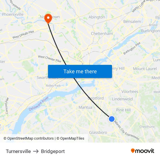 Turnersville to Bridgeport map