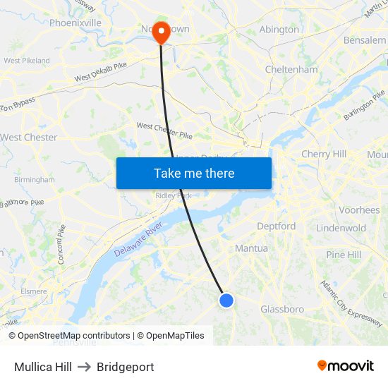 Mullica Hill to Bridgeport map