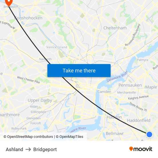 Ashland to Bridgeport map