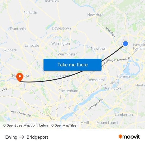 Ewing to Bridgeport map