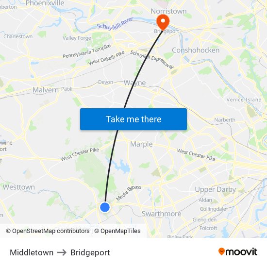 Middletown to Bridgeport map