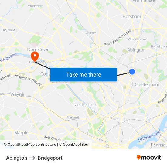 Abington to Bridgeport map