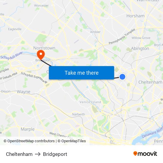 Cheltenham to Bridgeport map
