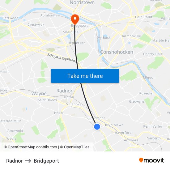 Radnor to Bridgeport map