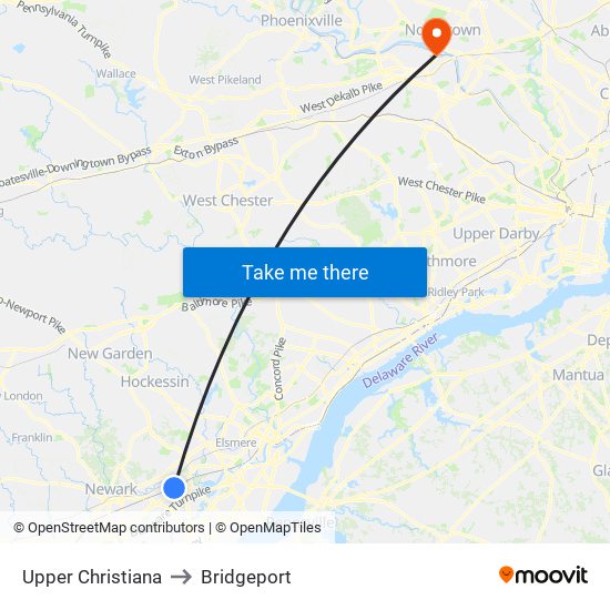 Upper Christiana to Bridgeport map