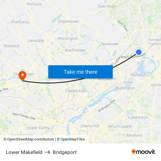 Lower Makefield to Bridgeport map