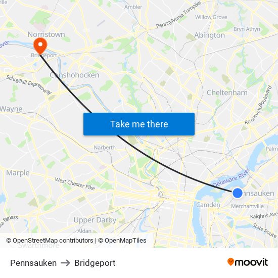Pennsauken to Bridgeport map