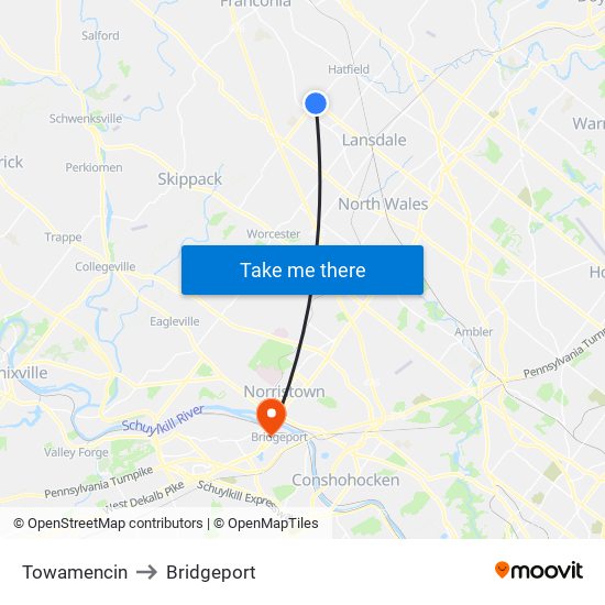 Towamencin to Bridgeport map