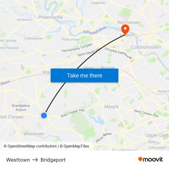 Westtown to Bridgeport map