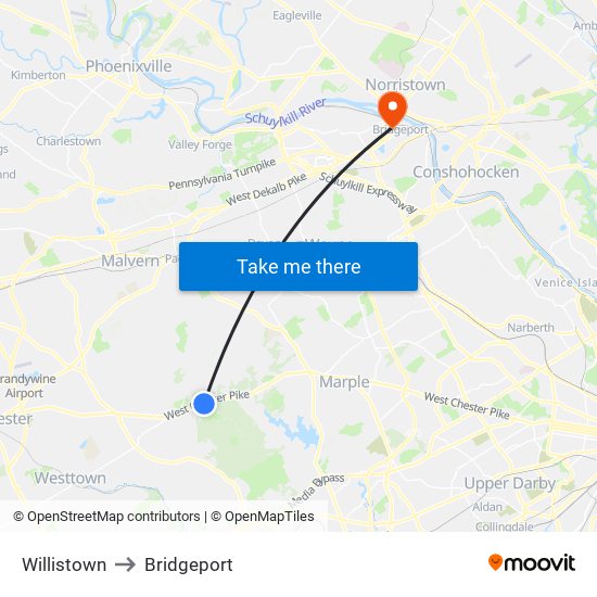 Willistown to Bridgeport map