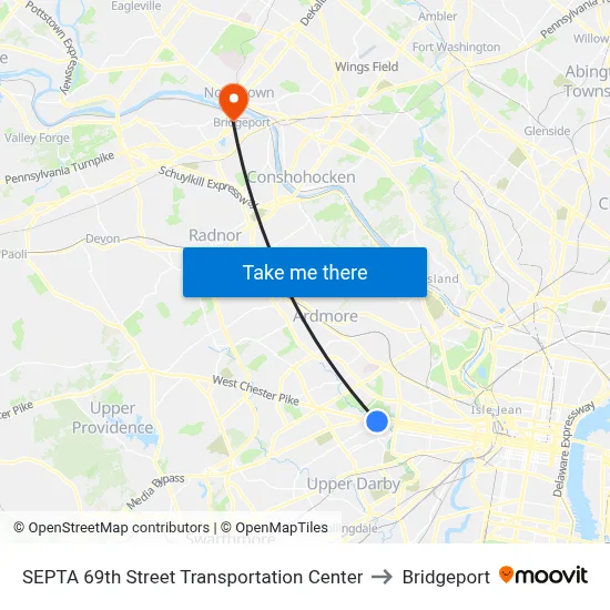 SEPTA 69th Street Transportation Center to Bridgeport map