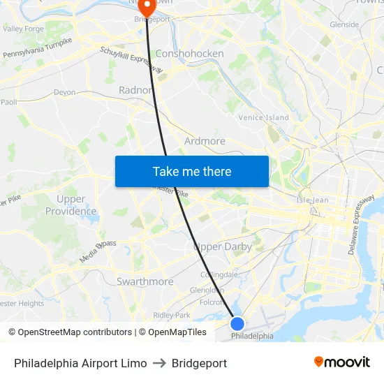 Philadelphia Airport Limo to Bridgeport map