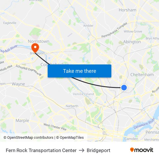 Fern Rock Transportation Center to Bridgeport map