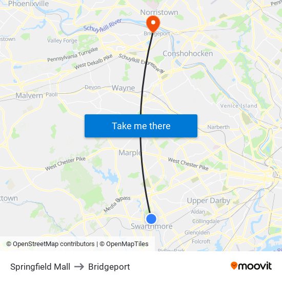 Springfield Mall to Bridgeport map