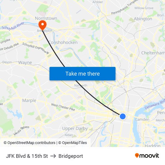 JFK Blvd & 15th St to Bridgeport map