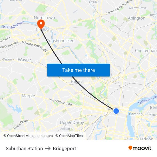 Suburban Station to Bridgeport map