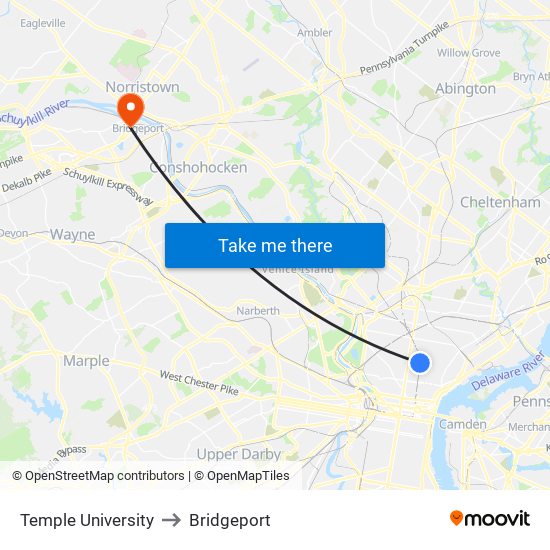 Temple University to Bridgeport map