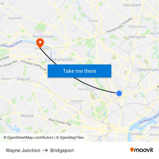 Wayne Junction to Bridgeport map