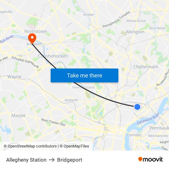 Allegheny Station to Bridgeport map