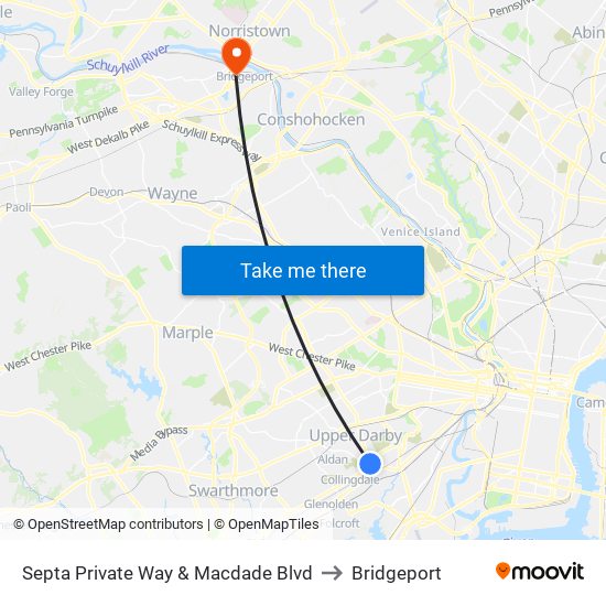 Septa Private Way & Macdade Blvd to Bridgeport map
