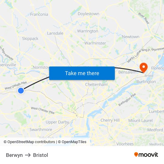 Berwyn to Bristol map