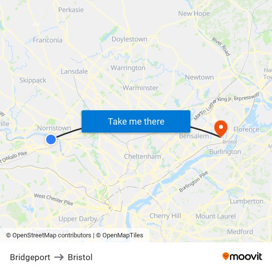 Bridgeport to Bristol map