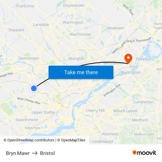 Bryn Mawr to Bristol map