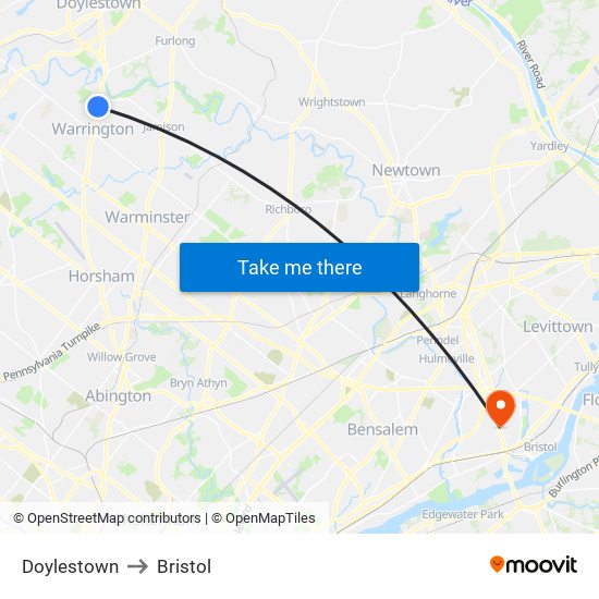 Doylestown to Bristol map