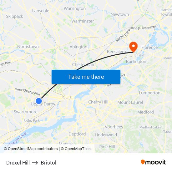 Drexel Hill to Bristol map