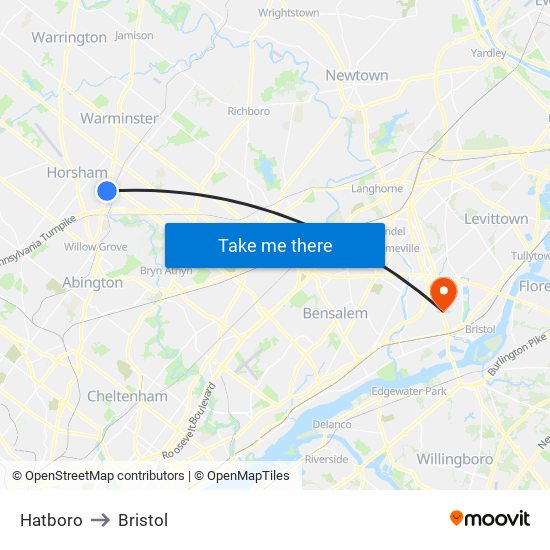 Hatboro to Bristol map