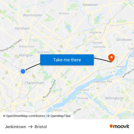 Jenkintown to Bristol map