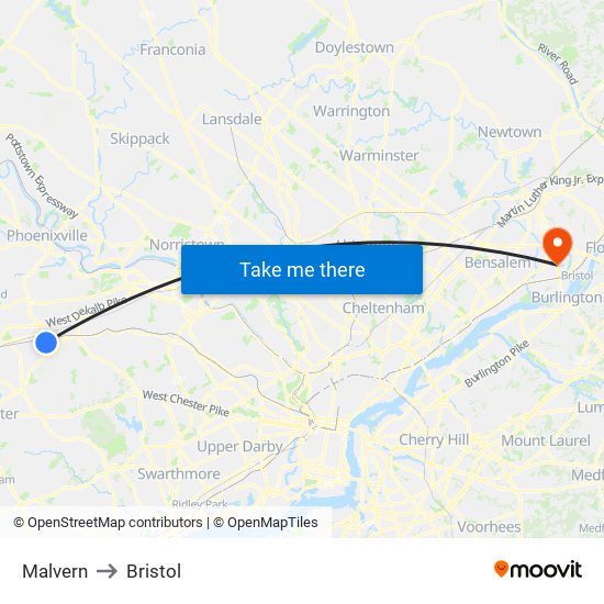 Malvern to Bristol map