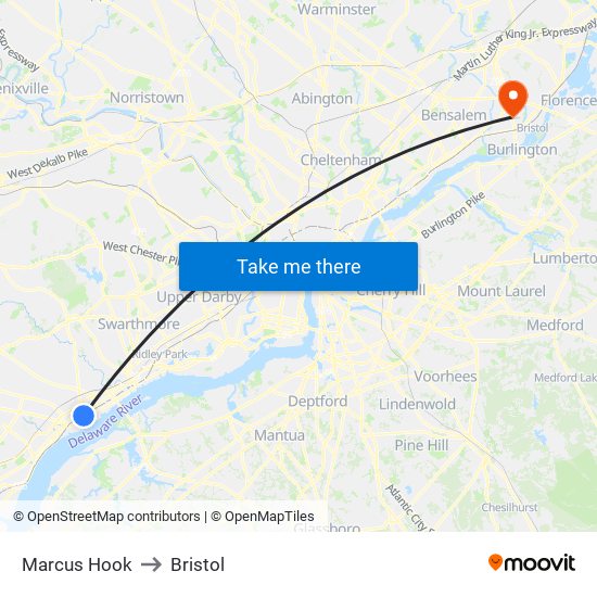 Marcus Hook to Bristol map