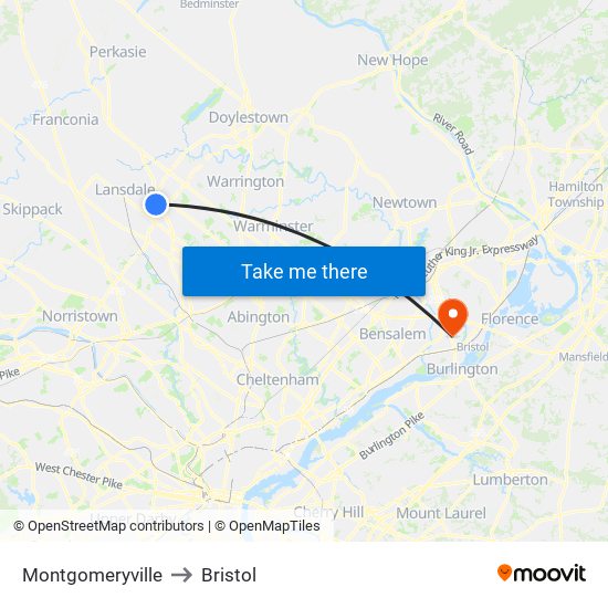 Montgomeryville to Bristol map