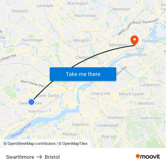 Swarthmore to Bristol map