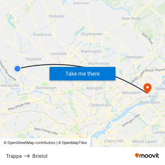 Trappe to Bristol map