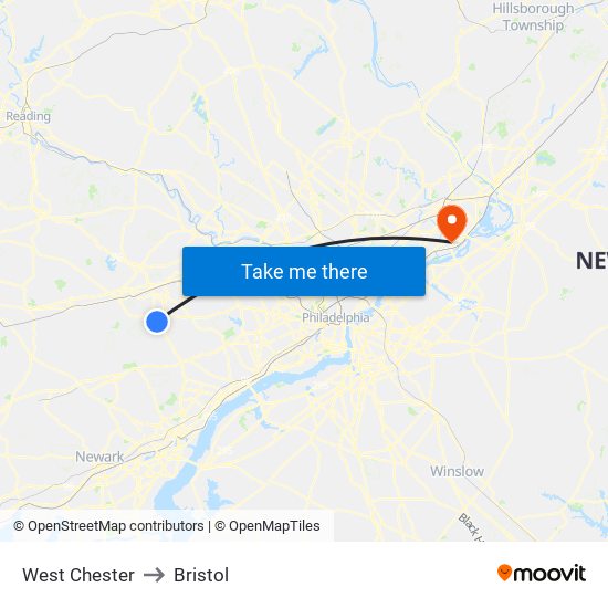 West Chester to Bristol map