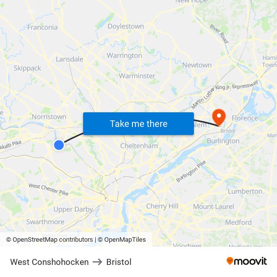 West Conshohocken to Bristol map