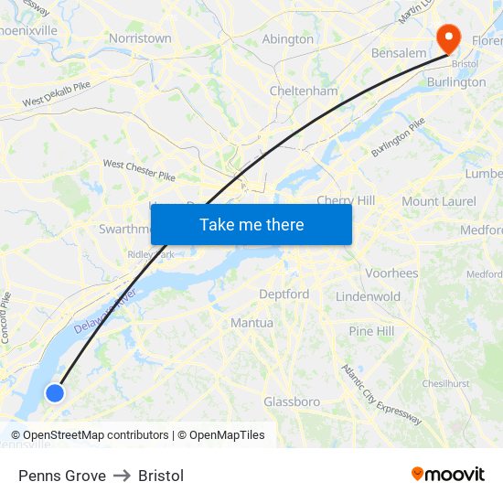 Penns Grove to Bristol map