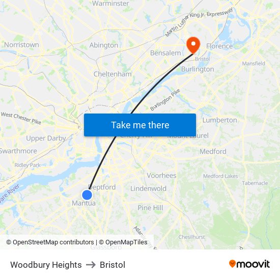 Woodbury Heights to Bristol map