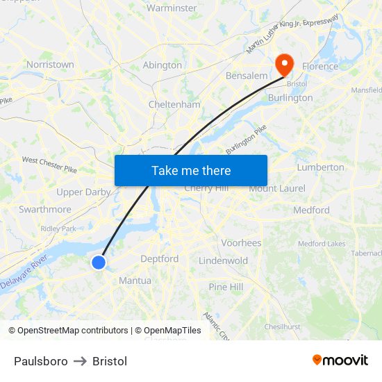 Paulsboro to Bristol map
