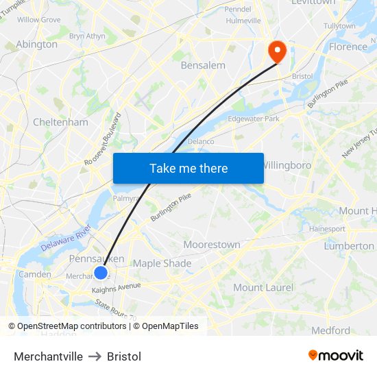 Merchantville to Bristol map