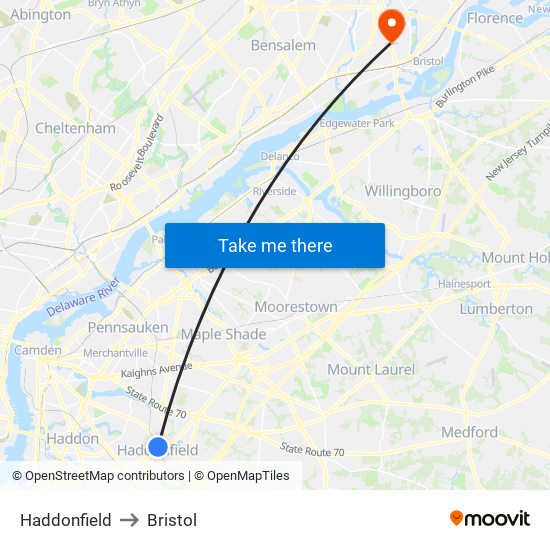 Haddonfield to Bristol map