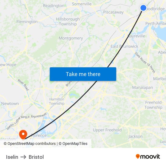 Iselin to Bristol map