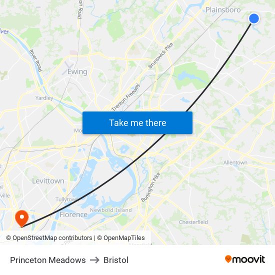Princeton Meadows to Bristol map