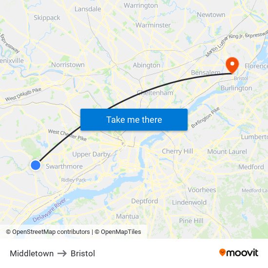 Middletown to Bristol map