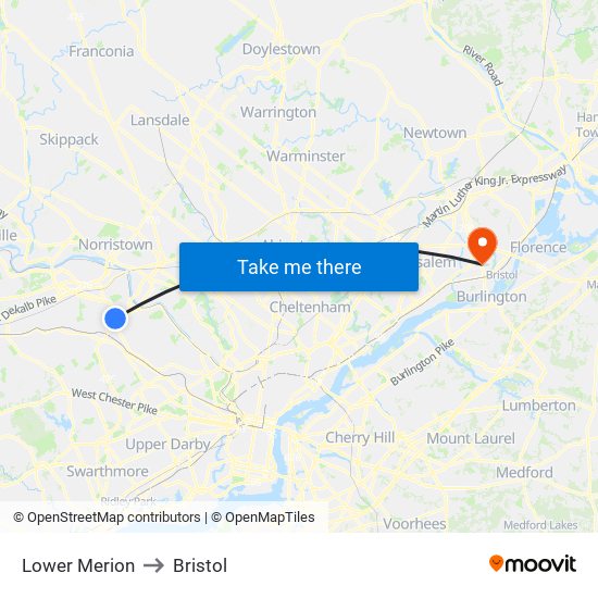 Lower Merion to Bristol map