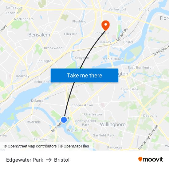 Edgewater Park to Bristol map