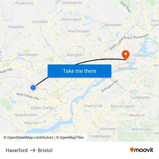Haverford to Bristol map