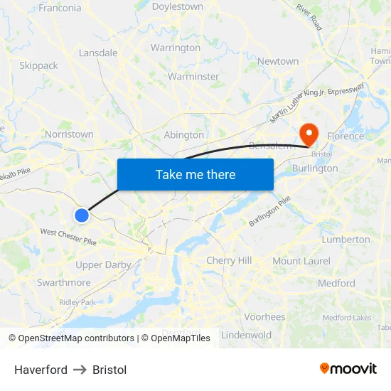 Haverford to Bristol map